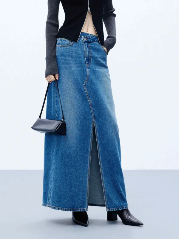 Front Slit Maxi Denim Skirt sold by Mo&Co