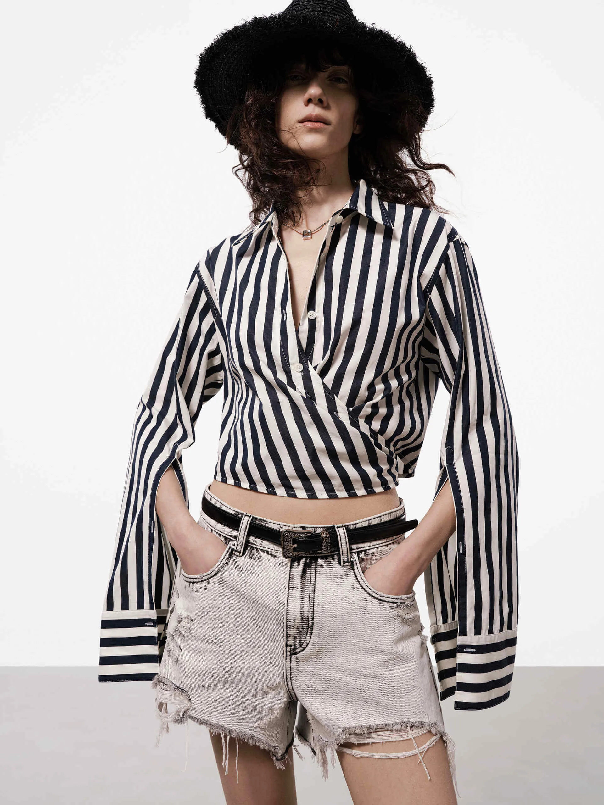 Striped Wrap Cropped Top sold by Mo&Co