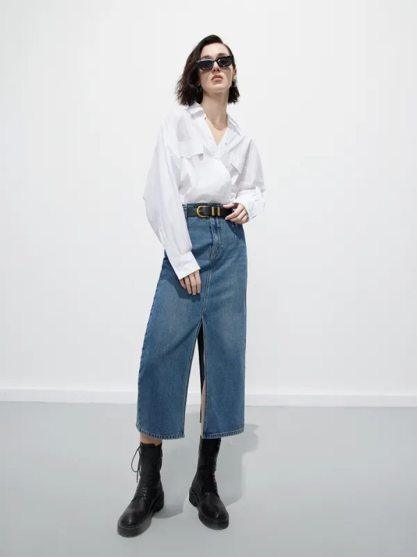 Slit Detailed Midi Denim Skirt sold by Mo&Co