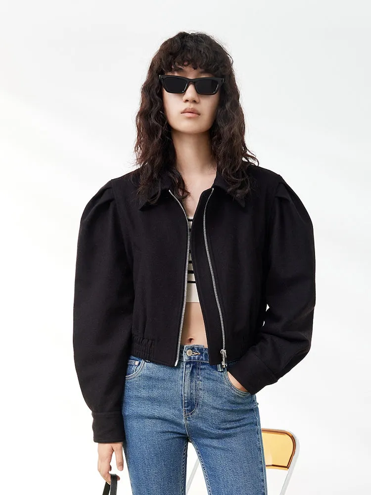 Zipper Detail Puff Sleeve Jacket sold by Mo&Co