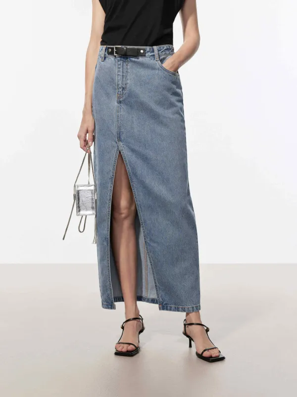 Front Buckle Denim Skirt sold by Mo&Co