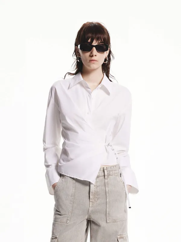 Waisted Tie Cropped Shirt sold by Mo&Co