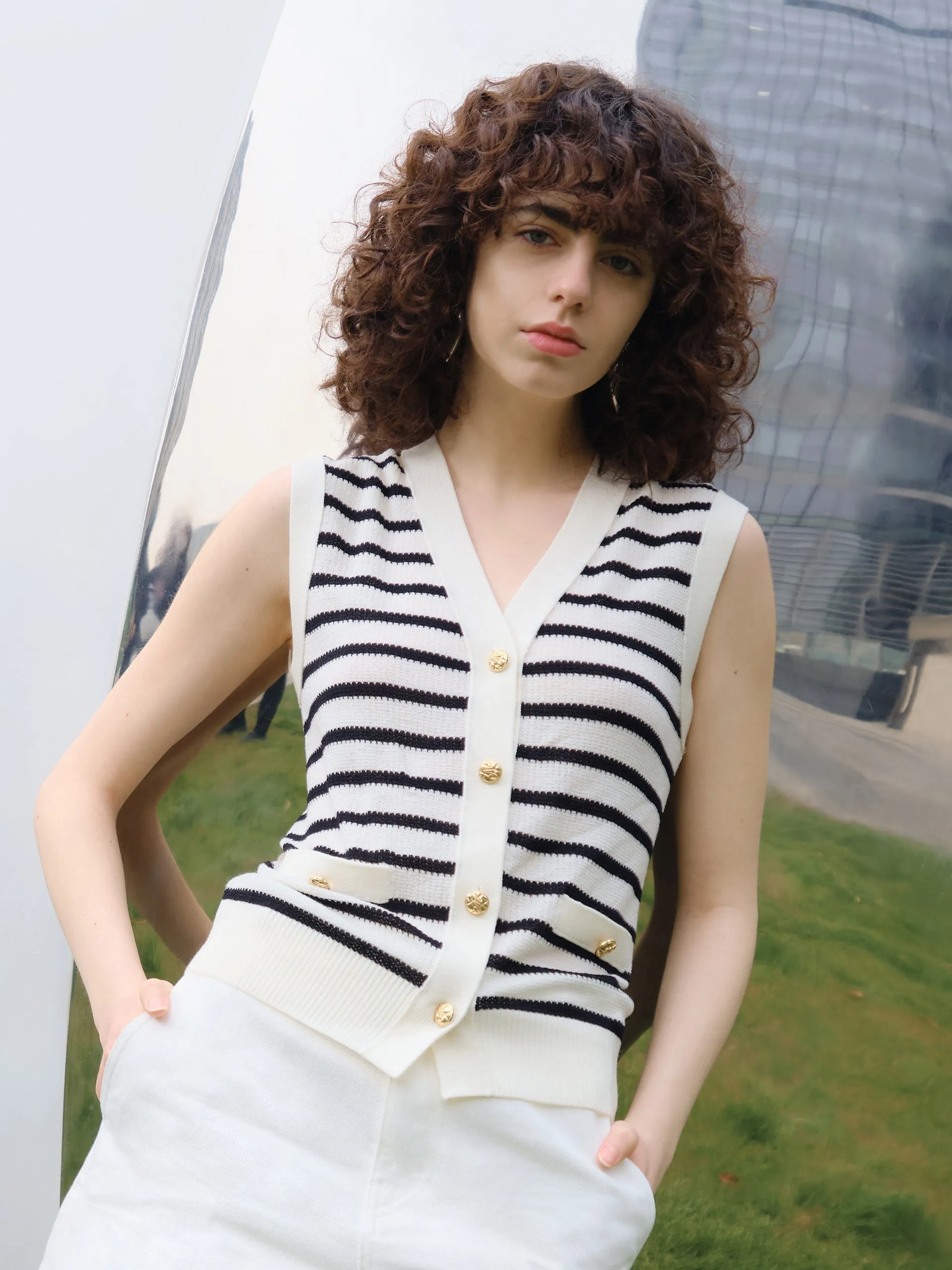 Wool Stripe Cropped Knit Top sold by Mo&Co