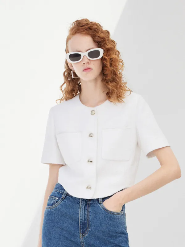 Cropped Tweed Collarless Jacket sold by Mo&Co