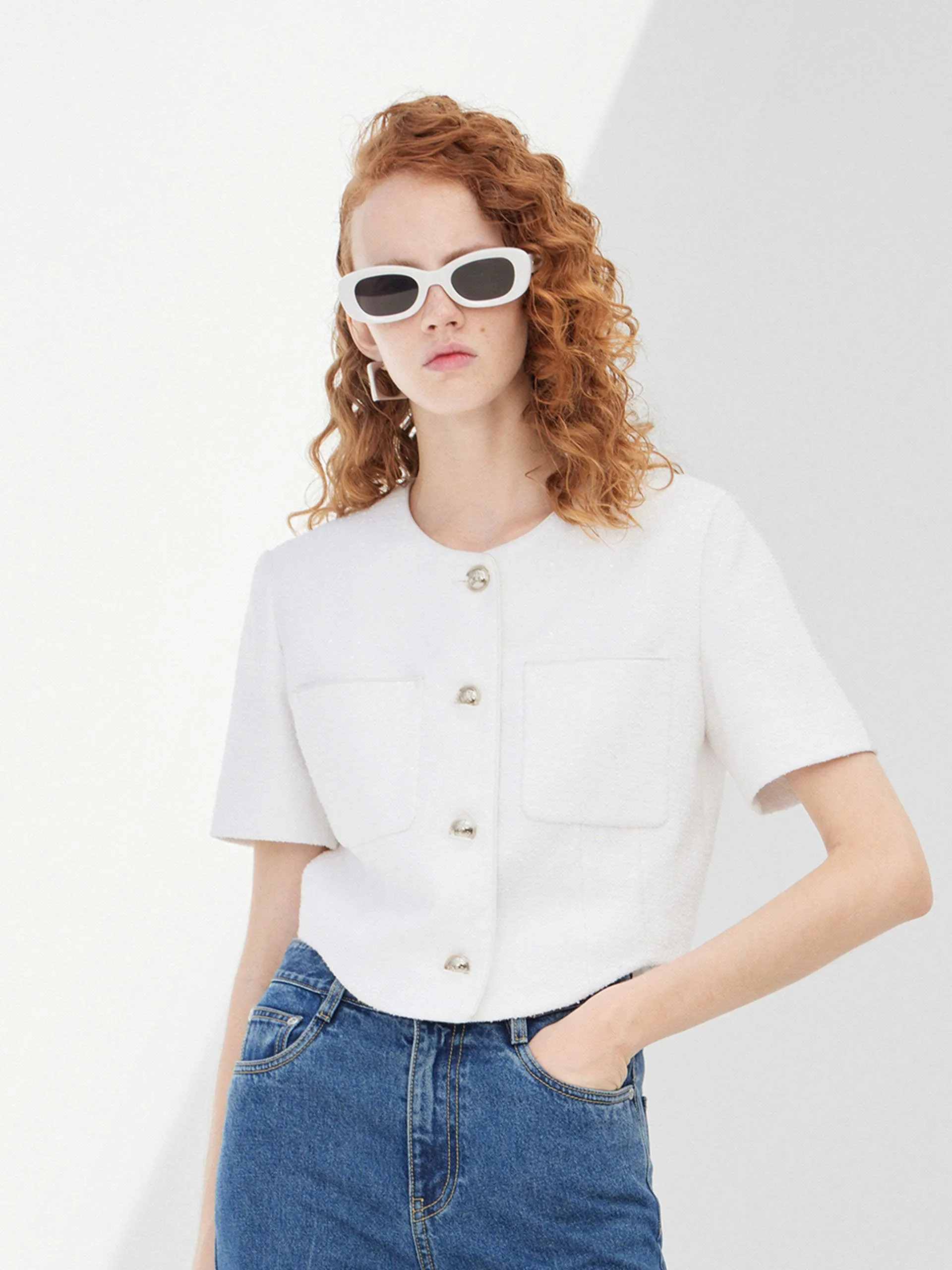 Cropped Tweed Collarless Jacket sold by Mo&Co