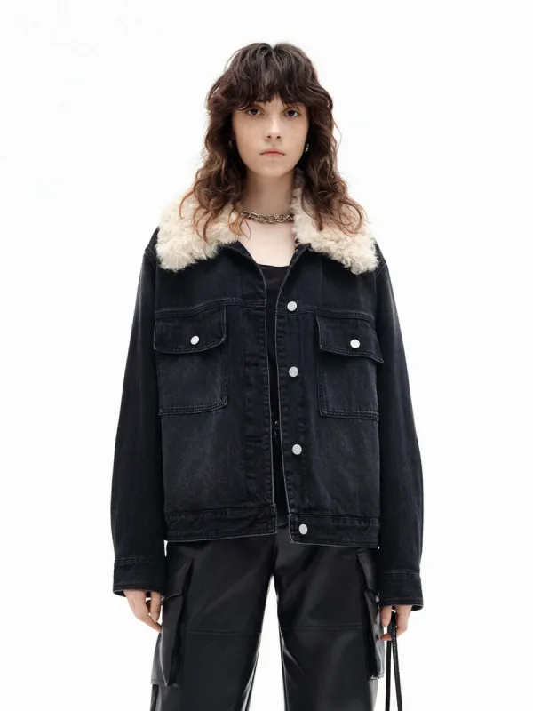 Fuzzy Collar Denim Jacket sold by Mo&Co