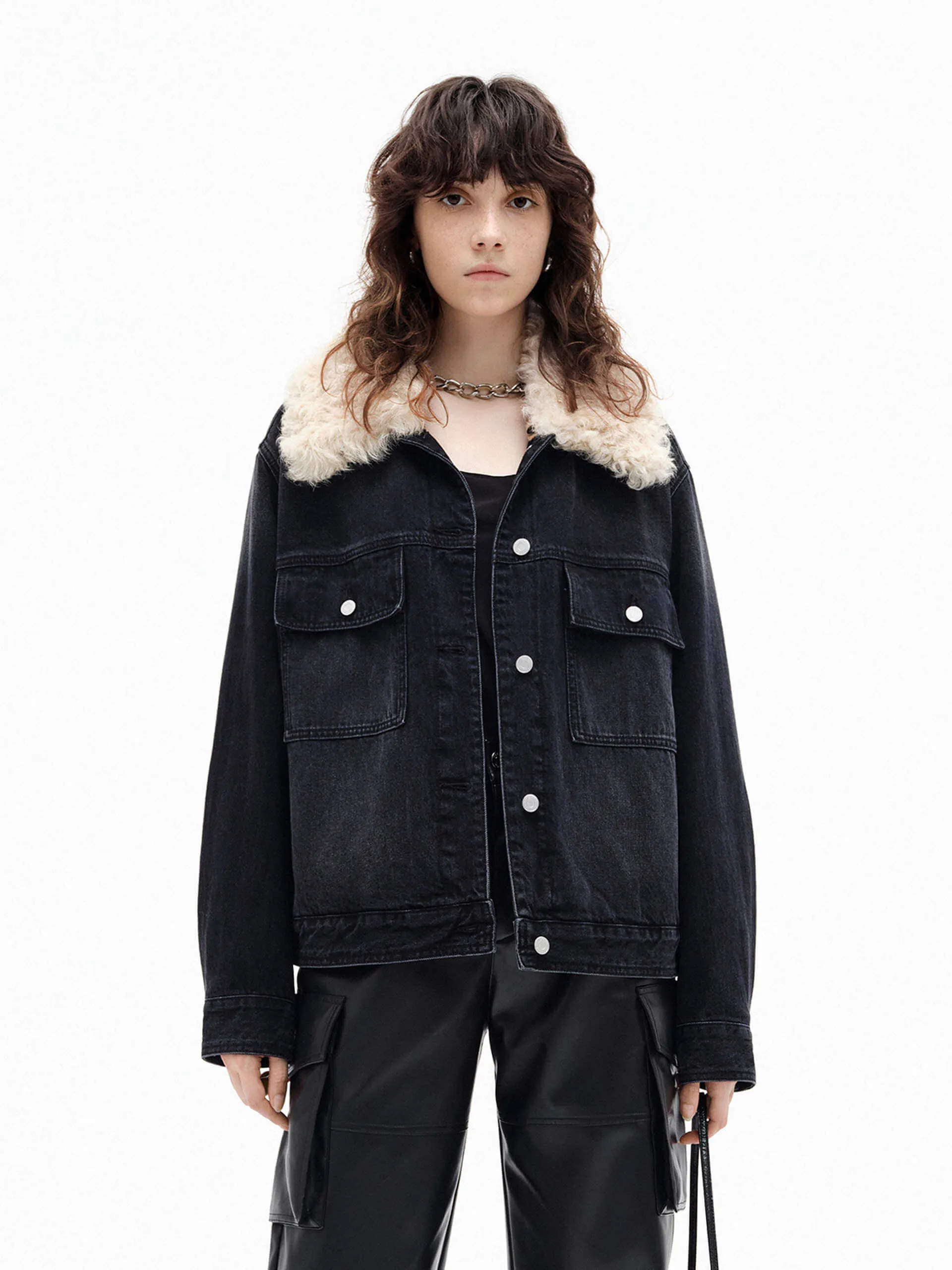 Fuzzy Collar Denim Jacket sold by Mo&Co