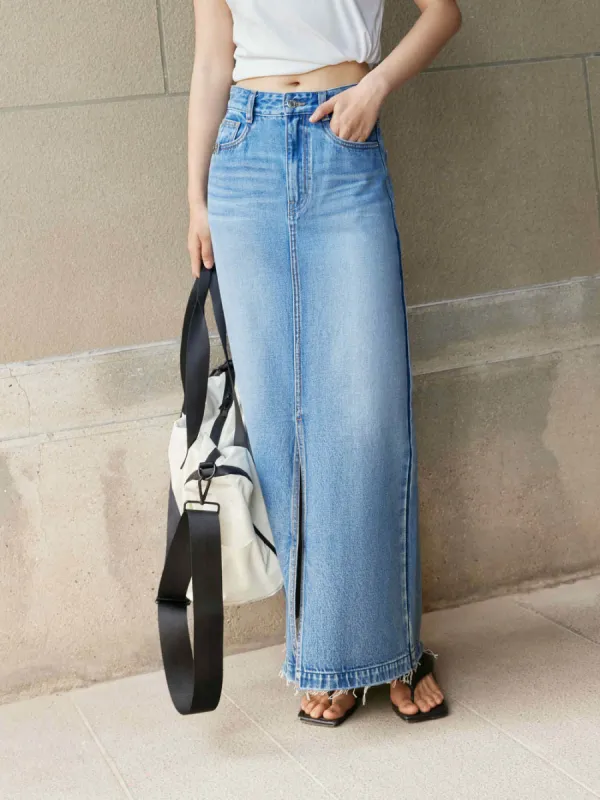 Slit Detailed Maxi Denim Skirt sold by Mo&Co