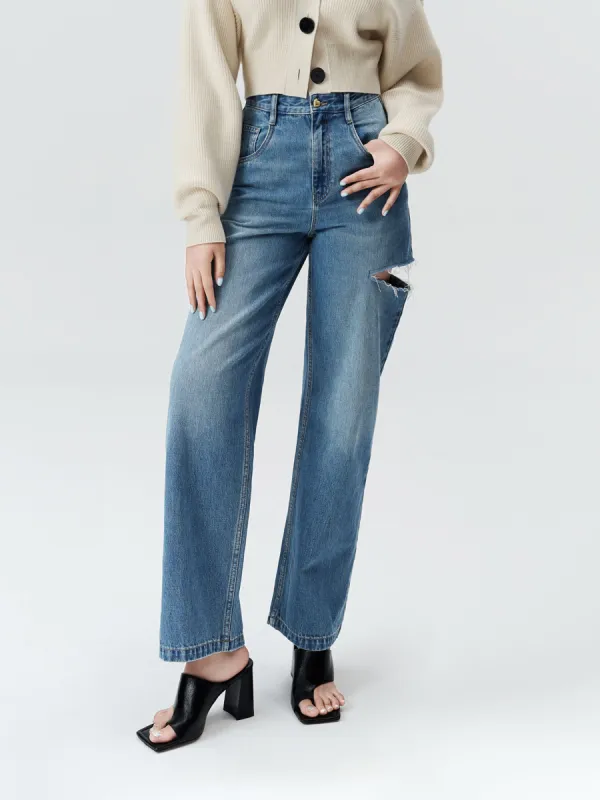 Cutout Straight Cotton Jeans sold by Mo&Co
