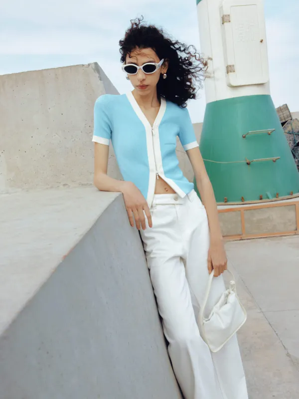 Contrasting Trim Zipper Cardigan sold by Mo&Co