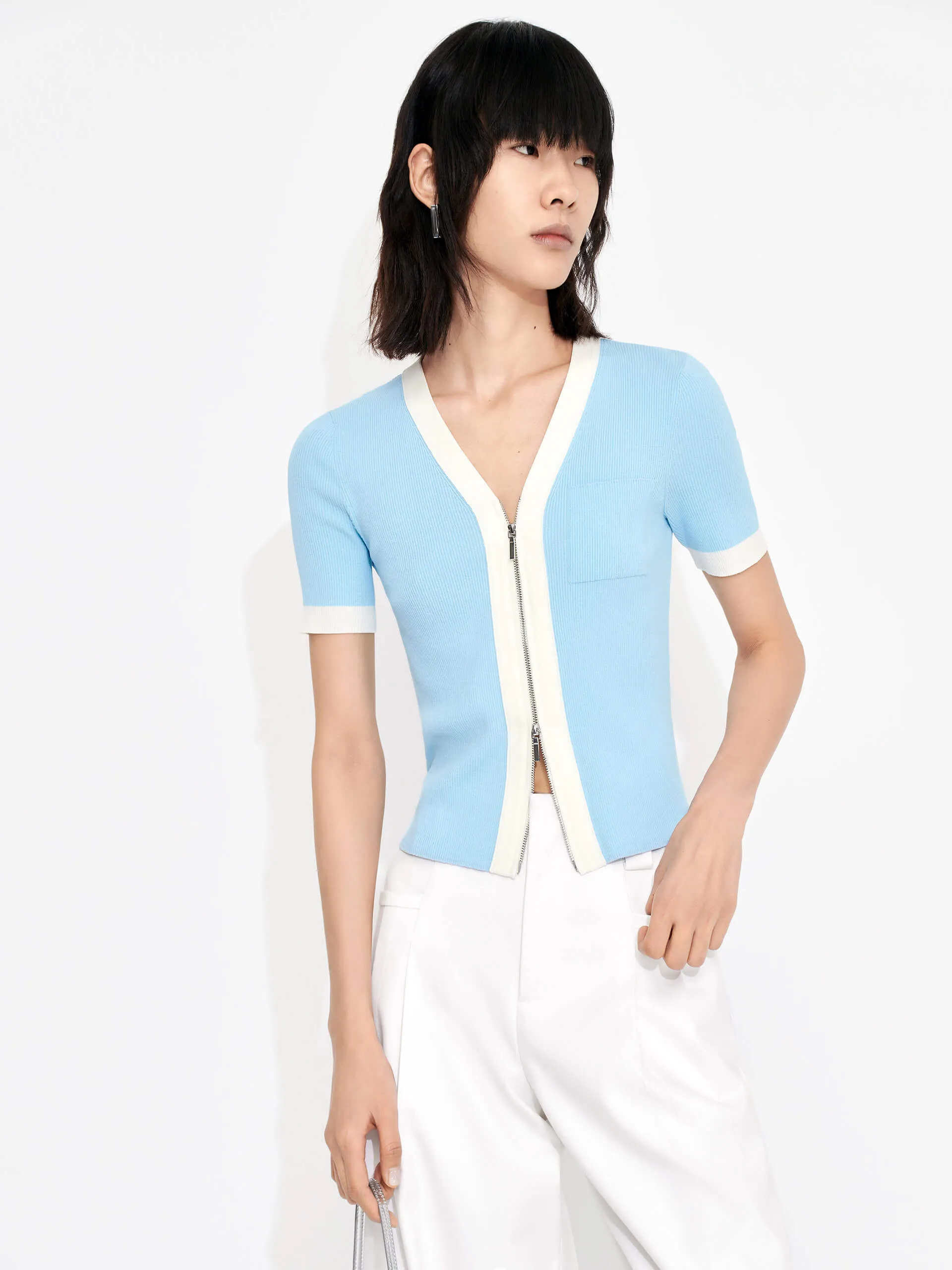 Contrasting Trim Zipper Cardigan sold by Mo&Co product image thumbnail 2