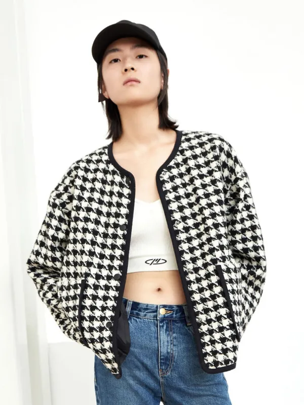Houndstooth Collarless Jacket sold by Mo&Co