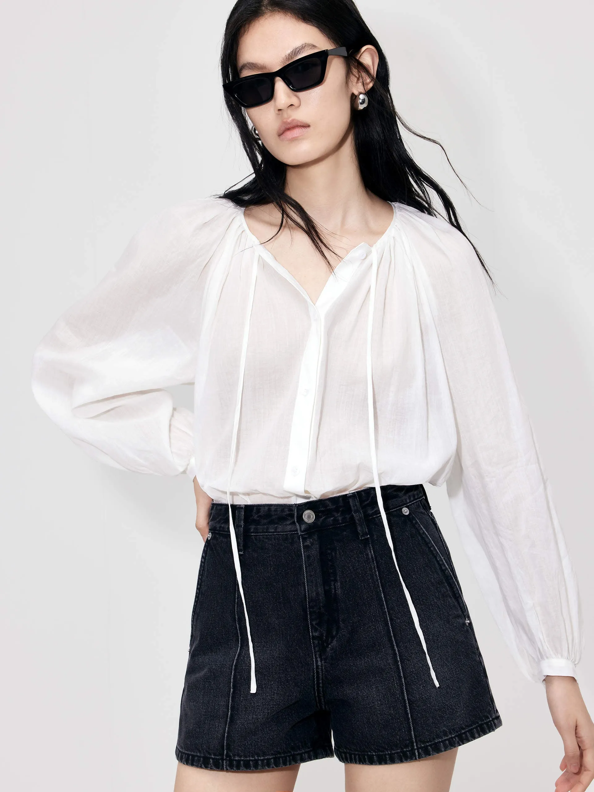 Lace-up Cotton Shirt Top sold by Mo&Co