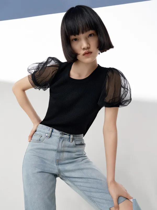 Tulle Puff Sleeve Top sold by Mo&Co