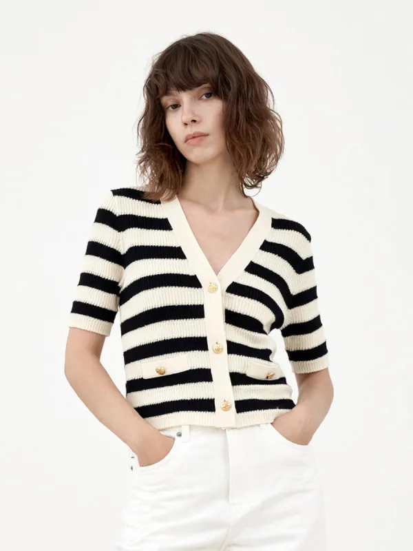 Stripe Cropped Knit Cardigan sold by Mo&Co