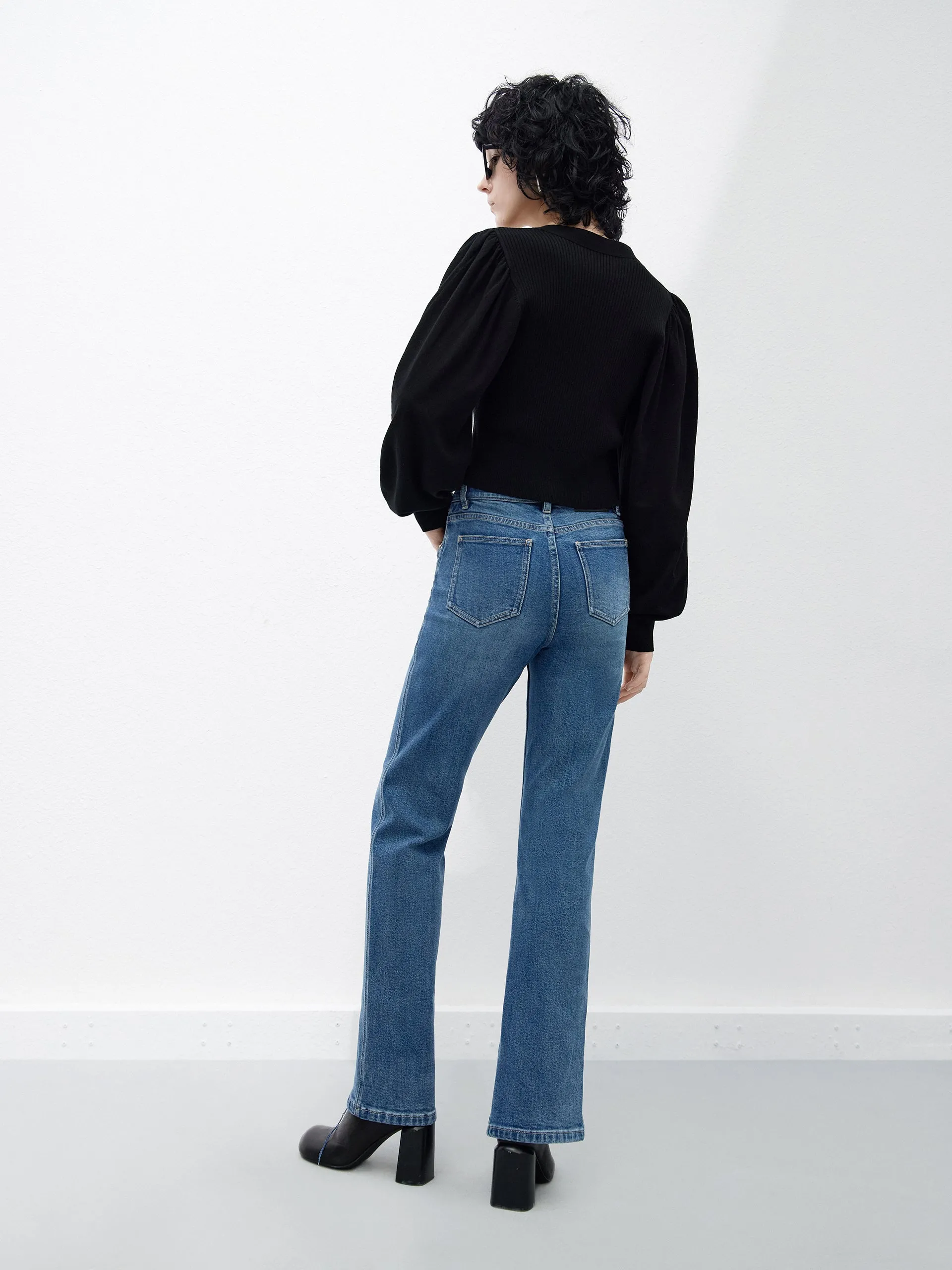 Puff Sleeves Ribbed Knit Cardigan sold by Mo&Co product image thumbnail 3