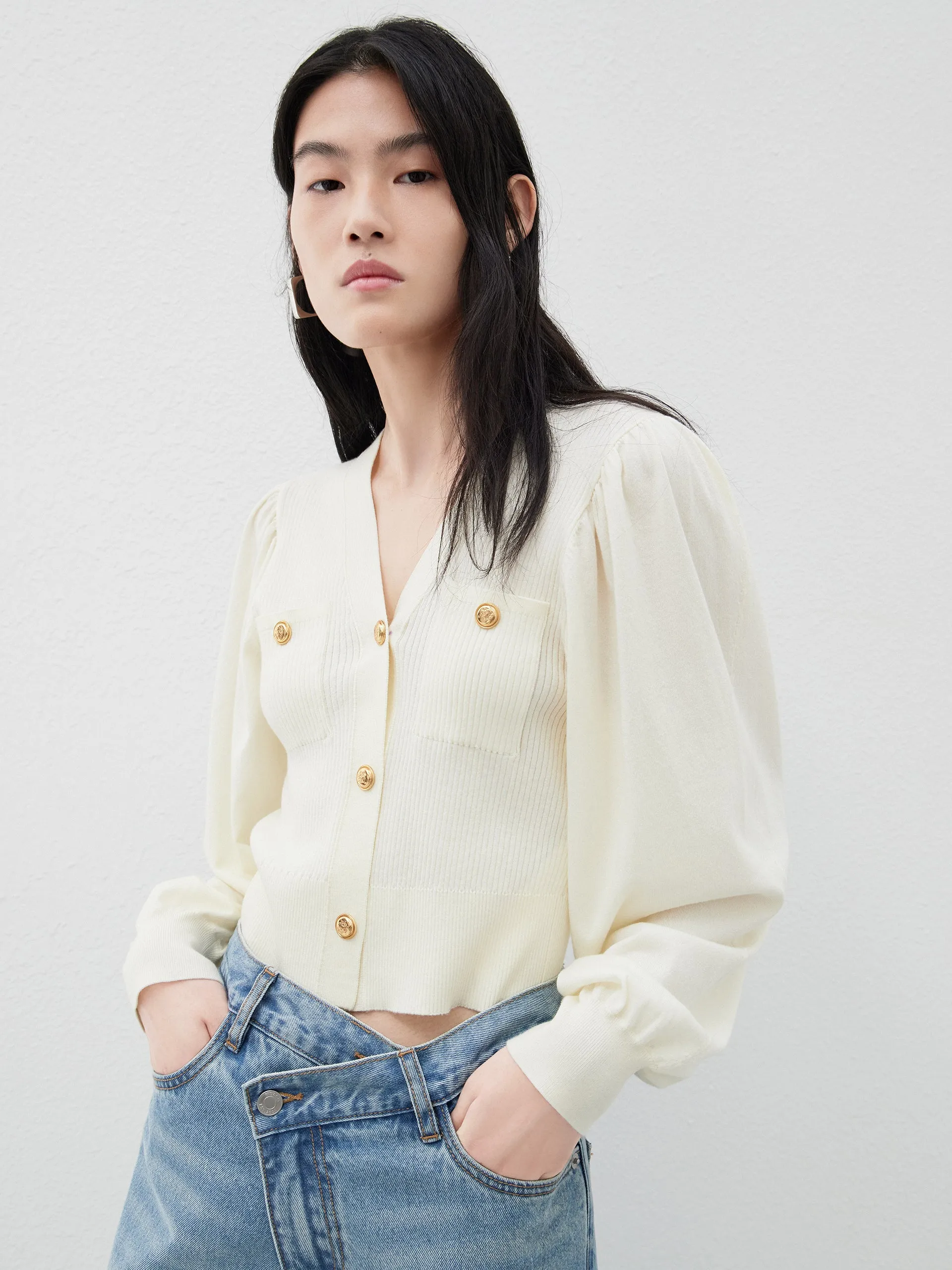 Puff Sleeves Ribbed Knit Cardigan sold by Mo&Co product image thumbnail 2