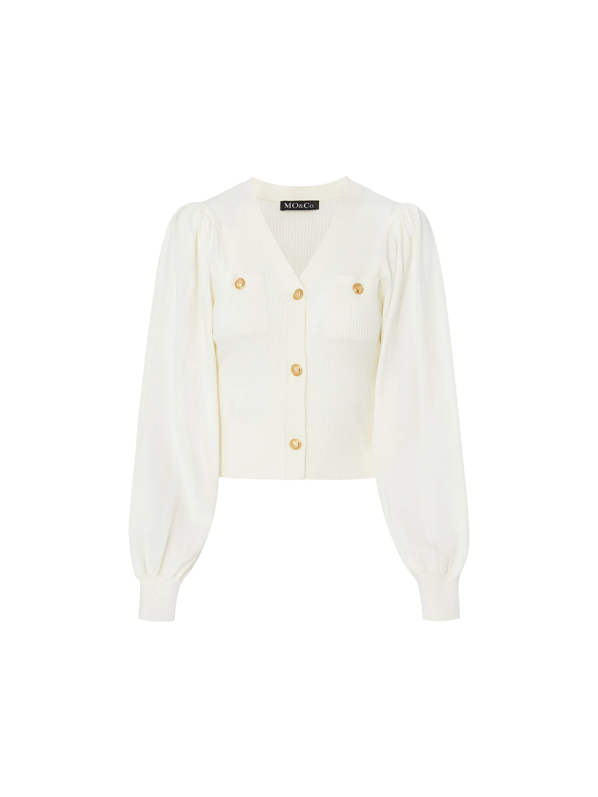 Puff Sleeves Ribbed Knit Cardigan sold by Mo&Co product image thumbnail 5