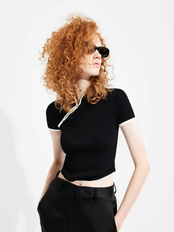Slanted Placket Knit Top sold by Mo&Co