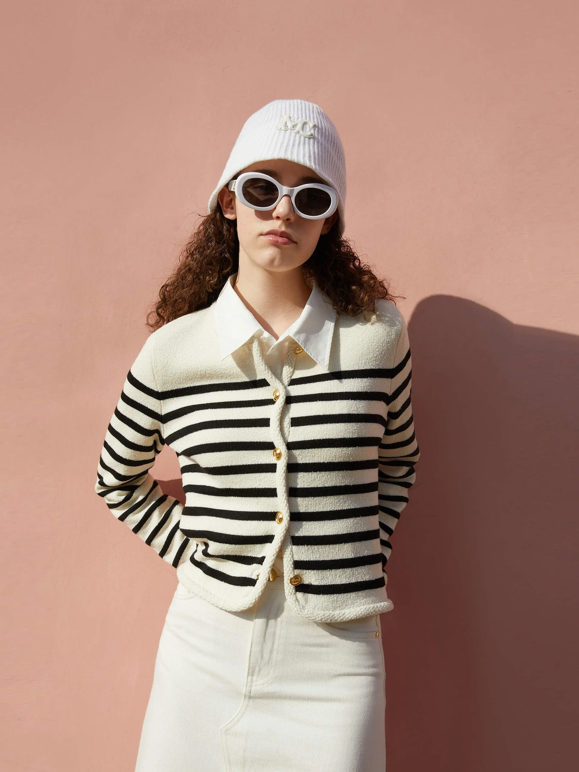 Crop Knitted Striped Cardigan sold by Mo&Co