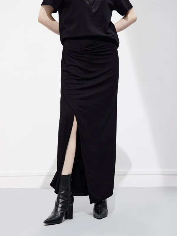 Ruched Slit Midi Skirt sold by Mo&Co
