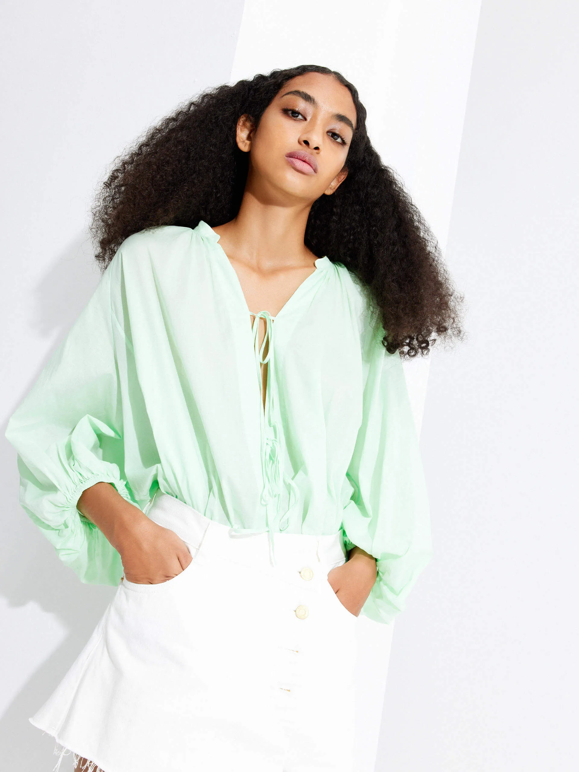 Strap Tie Detail Cotton Shirt sold by Mo&Co