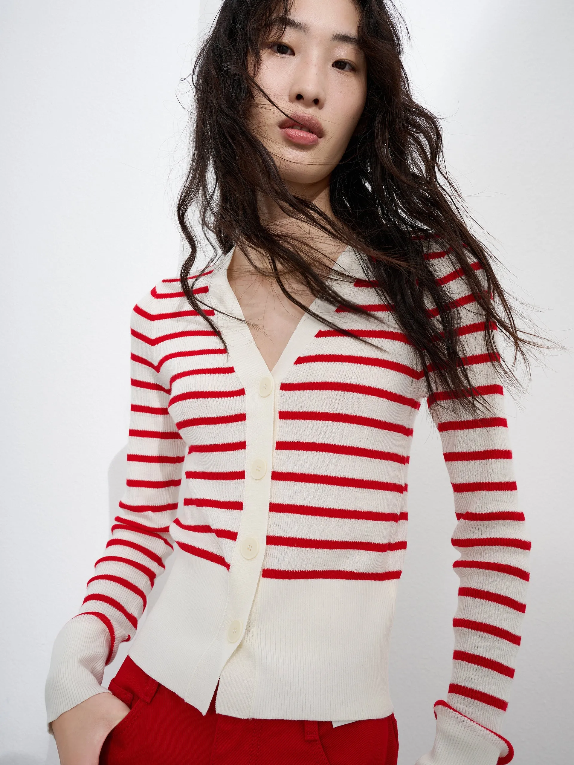 Striped V Neck Wool Cardigan sold by Mo&Co product image thumbnail 2
