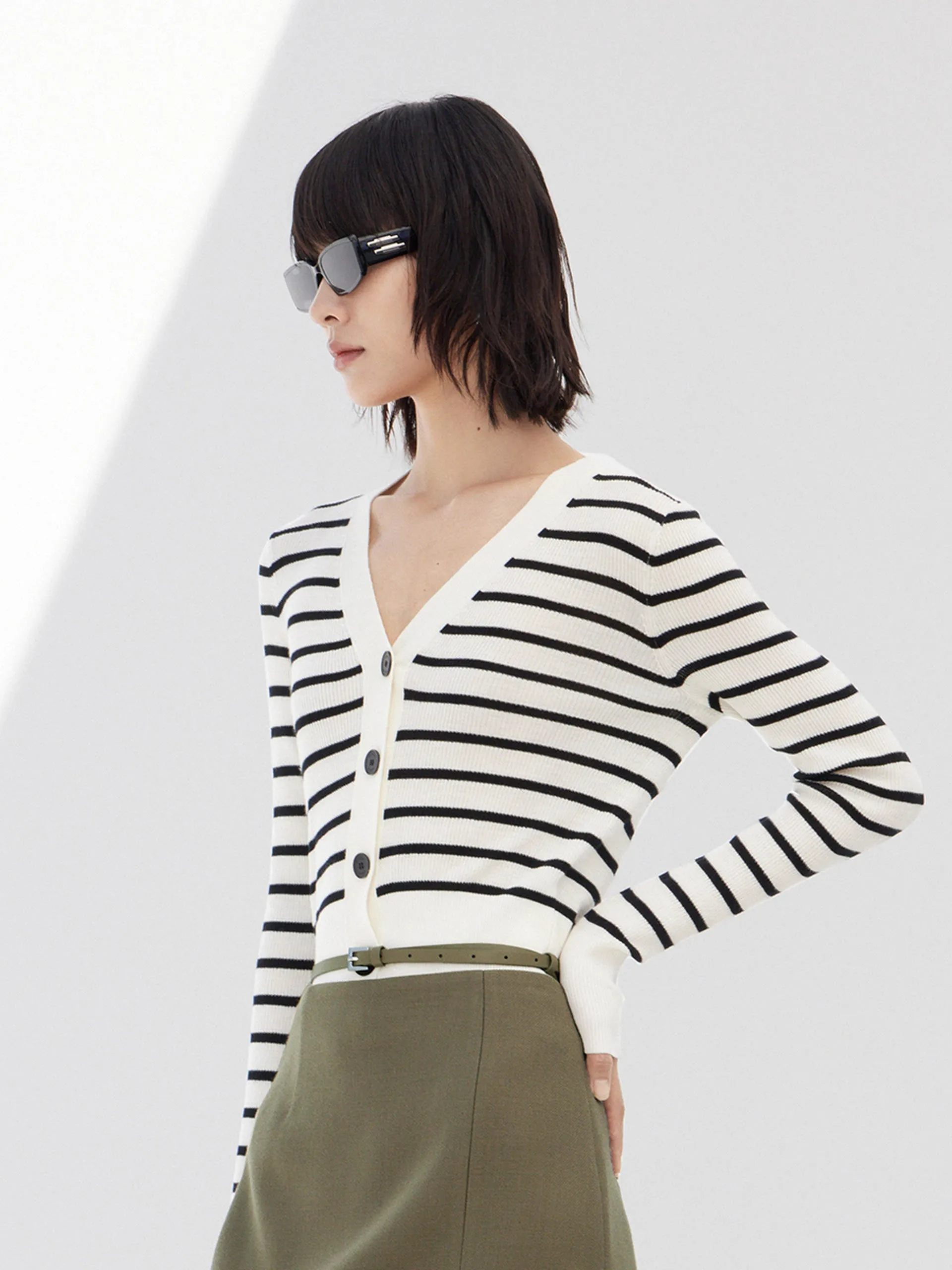 Striped V Neck Wool Cardigan sold by Mo&Co product image thumbnail 5