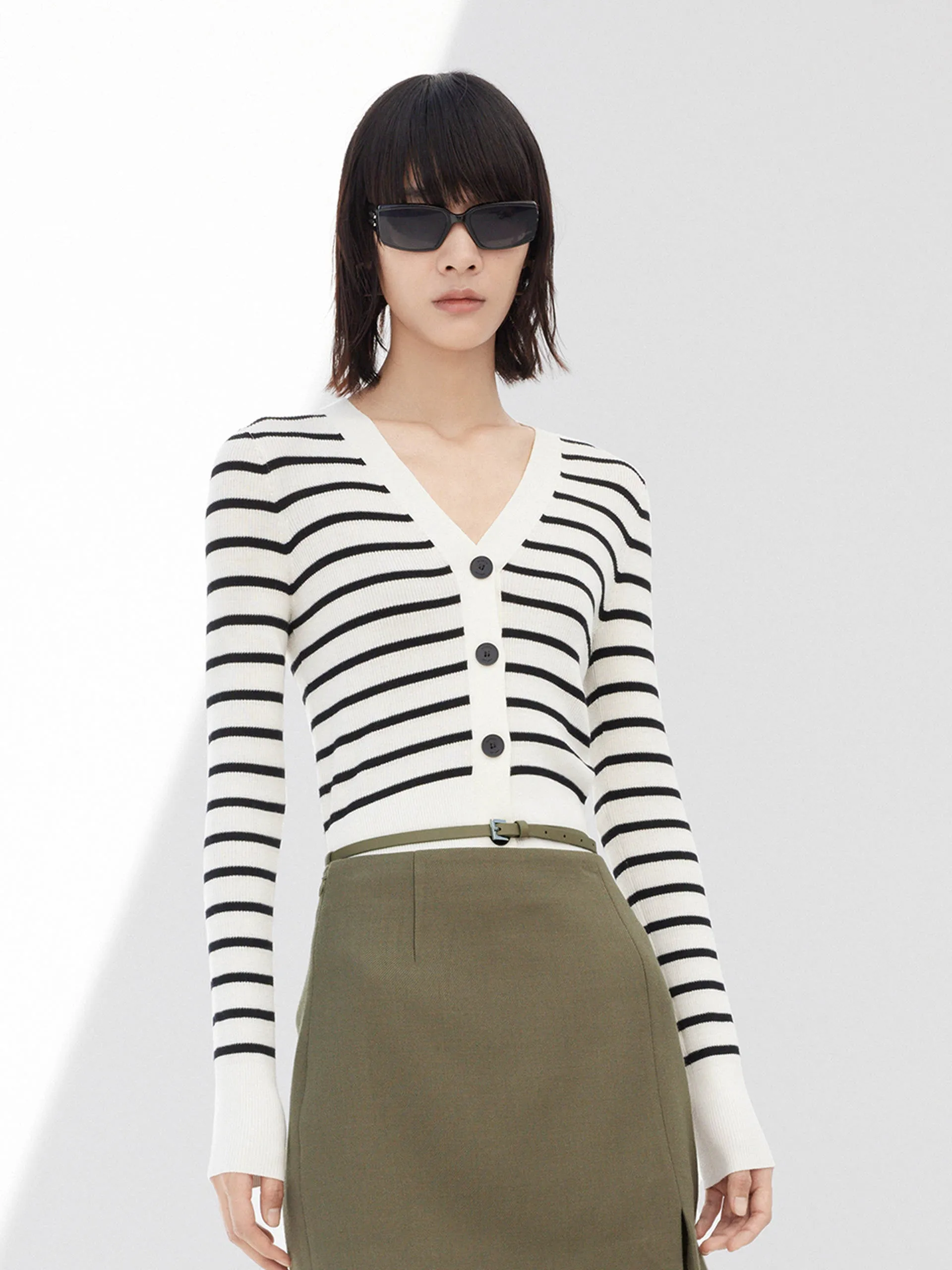 Striped V Neck Wool Cardigan sold by Mo&Co