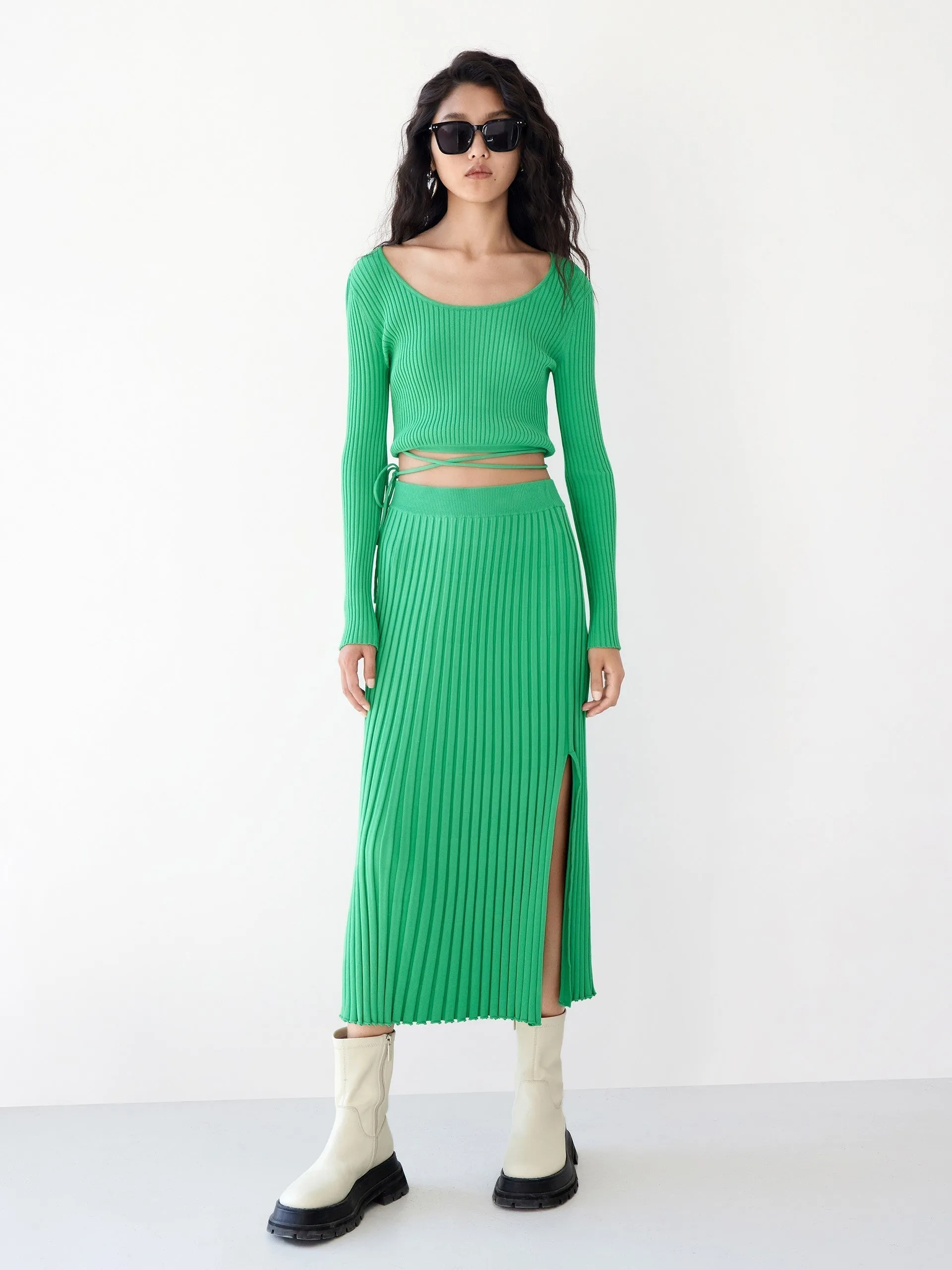 Rib Knit Midi Skirt sold by Mo&Co