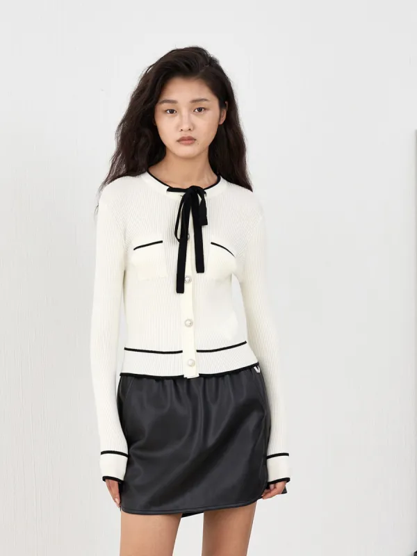 Contrast Bow Fitted Knit Cardigan sold by Mo&Co