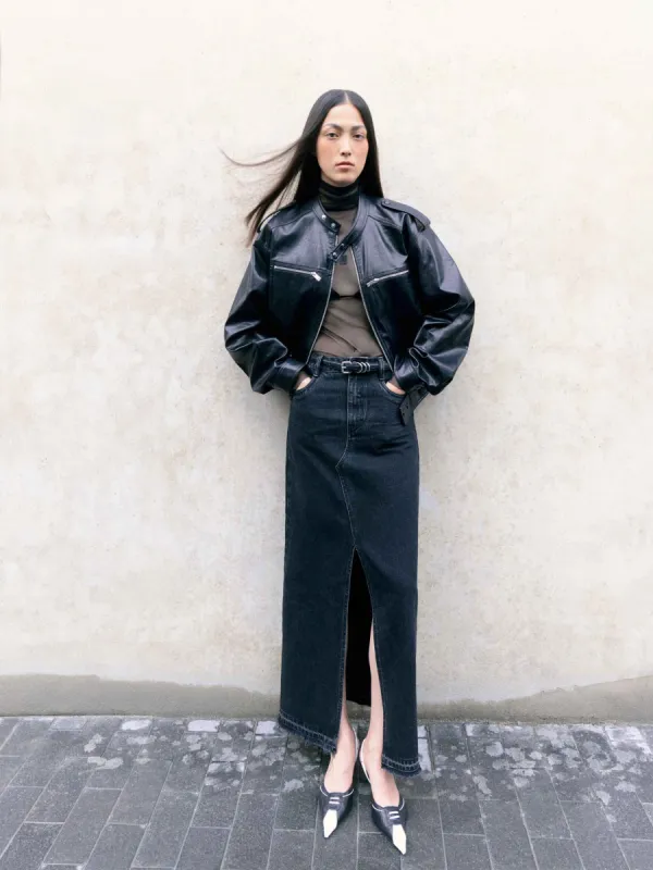 Slit Denim Skirt in Cotton sold by Mo&Co