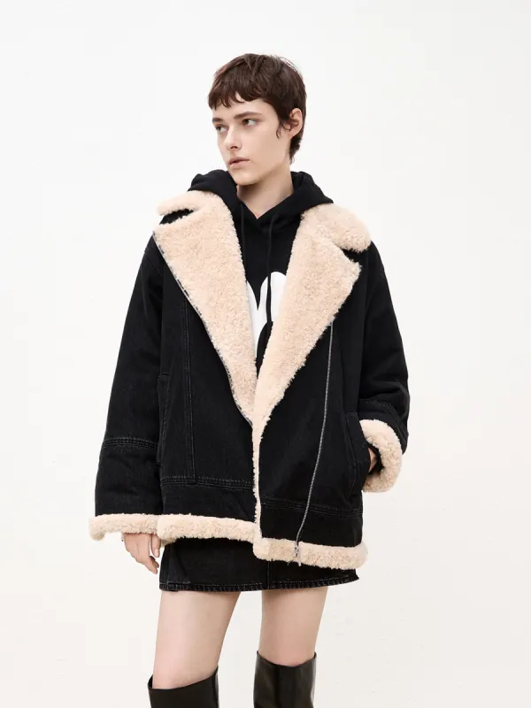 Faux Shearling Lapel Denim Jacket sold by Mo&Co