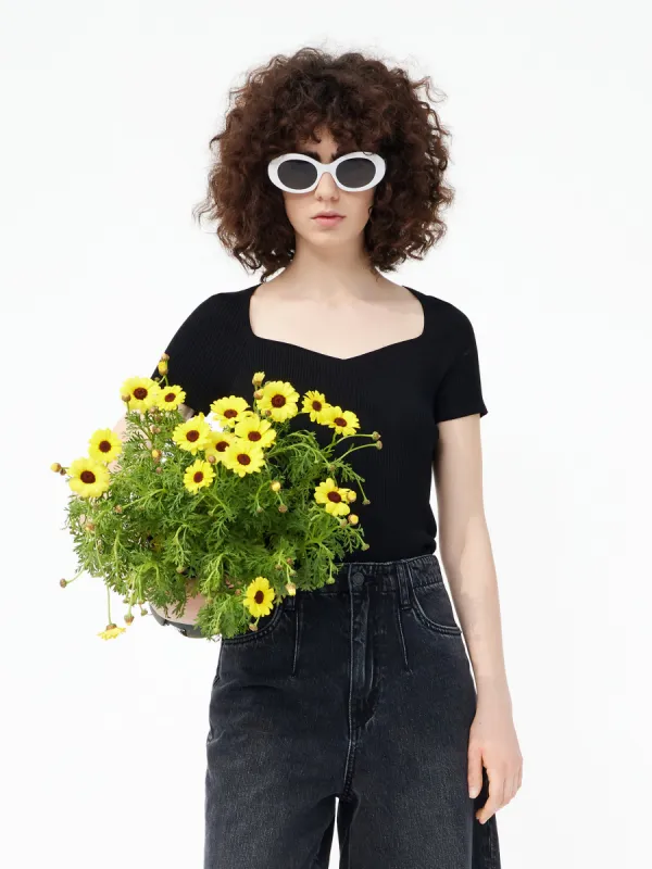 Crop Fitted Rib Knit Top sold by Mo&Co