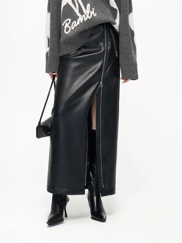 Zipper Detail Faux Leather Skirt sold by Mo&Co