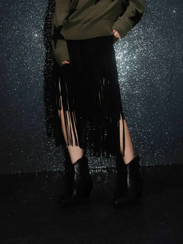 Fringed Detail Midi Skirt sold by Mo&Co