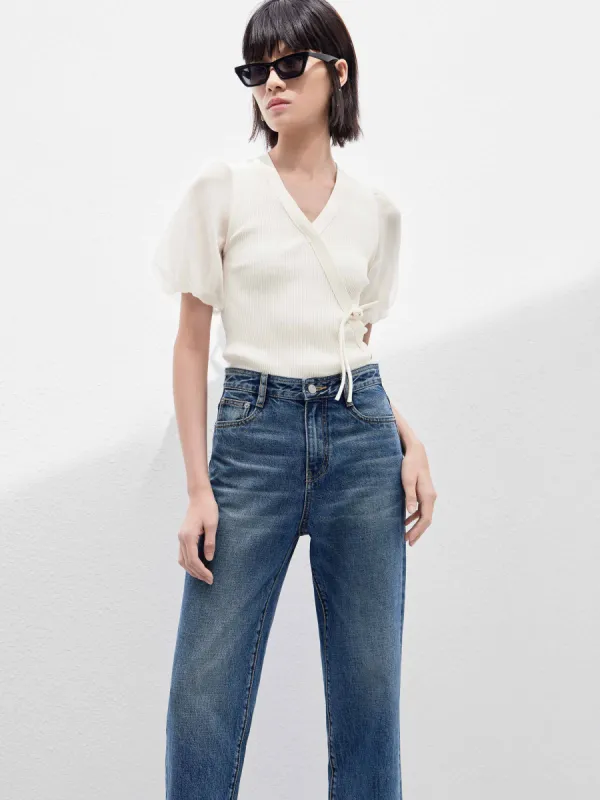 Cropped Puff Sleeves Knit Top sold by Mo&Co