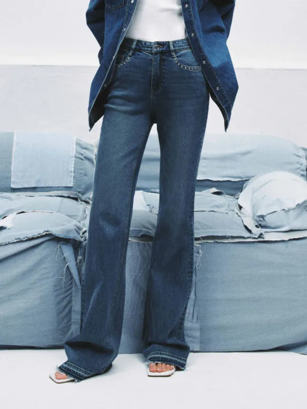 Zircon Detail Straight Jeans sold by Mo&Co