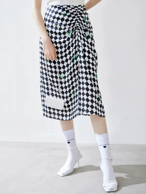 Silk Blend Check Ruched Skirt sold by Mo&Co