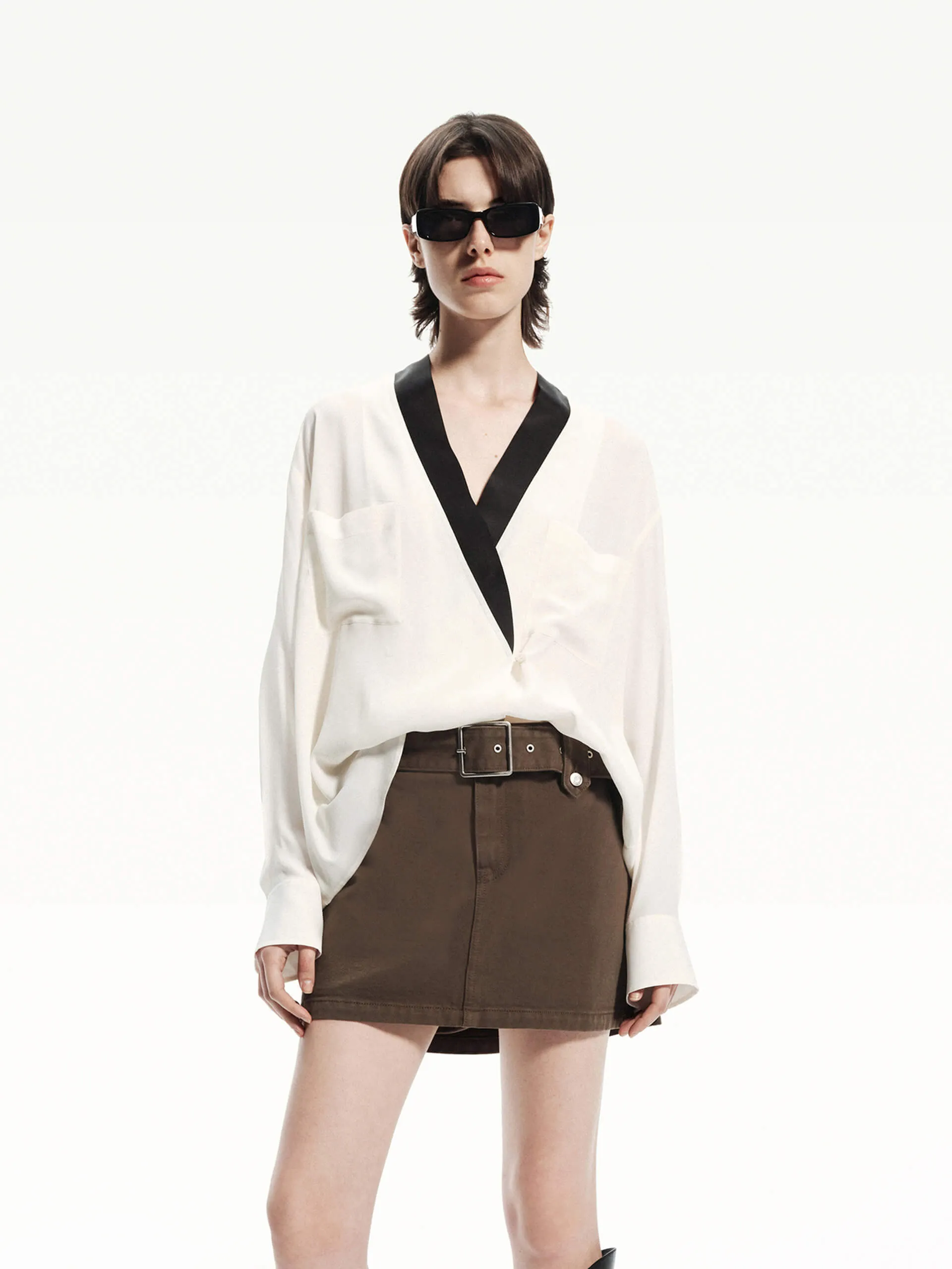 Contrast Detail V-neck Blouse sold by Mo&Co