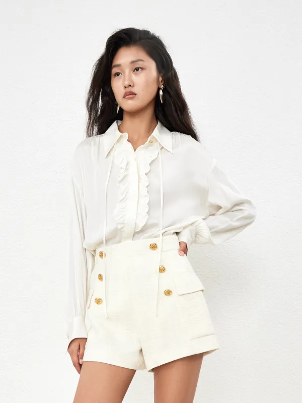 Draped Ruffle Silk Blend Shirt sold by Mo&Co