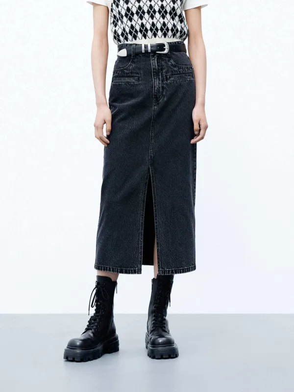 Front Slit Midi Denim Skirt sold by Mo&Co