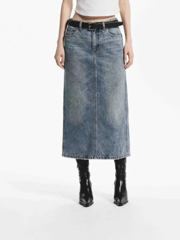 Midi Straight Denim Skirt sold by Mo&Co