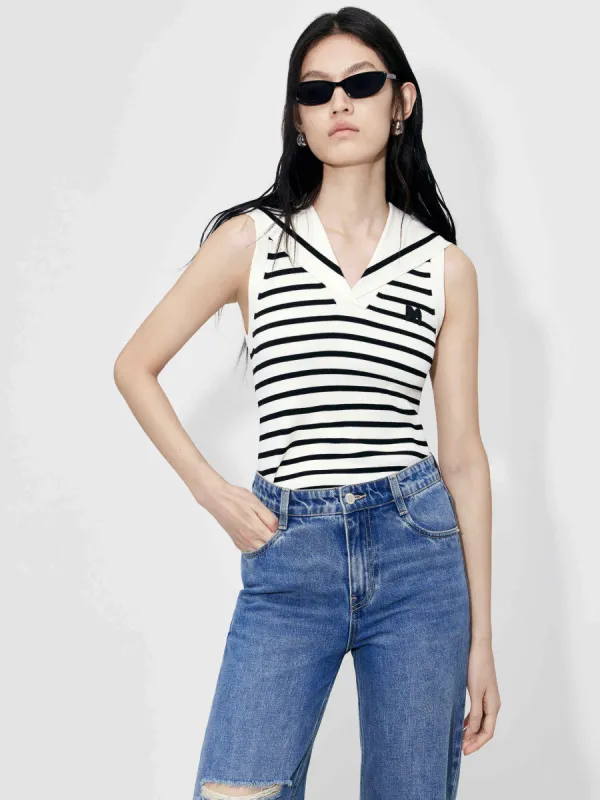 Striped Navy Collar Knit Top sold by Mo&Co