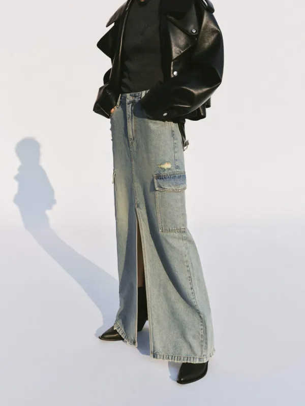 Front Slit Distressed Skirt sold by Mo&Co