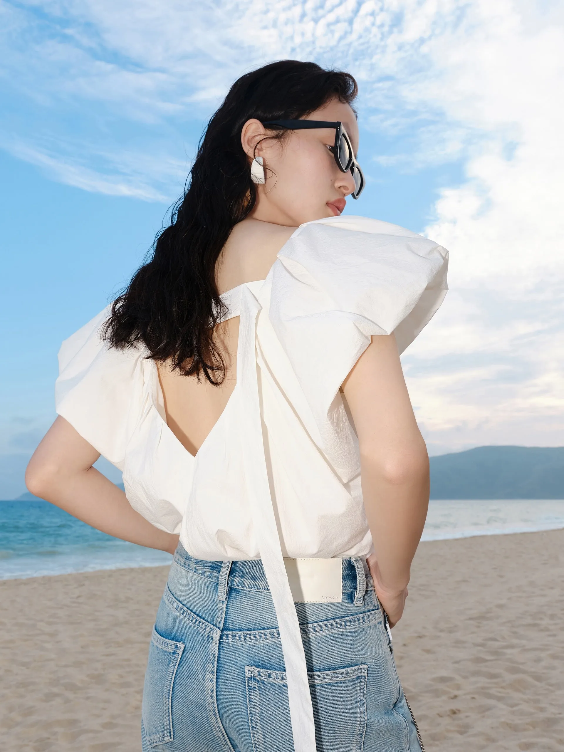 Pleated V-Neck Top with Cut-out sold by Mo&Co product image thumbnail 4