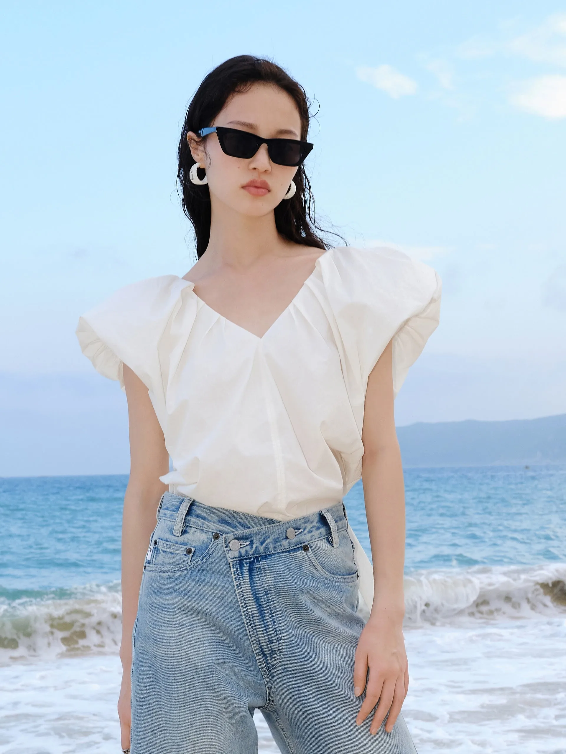 Pleated V-Neck Top with Cut-out sold by Mo&Co