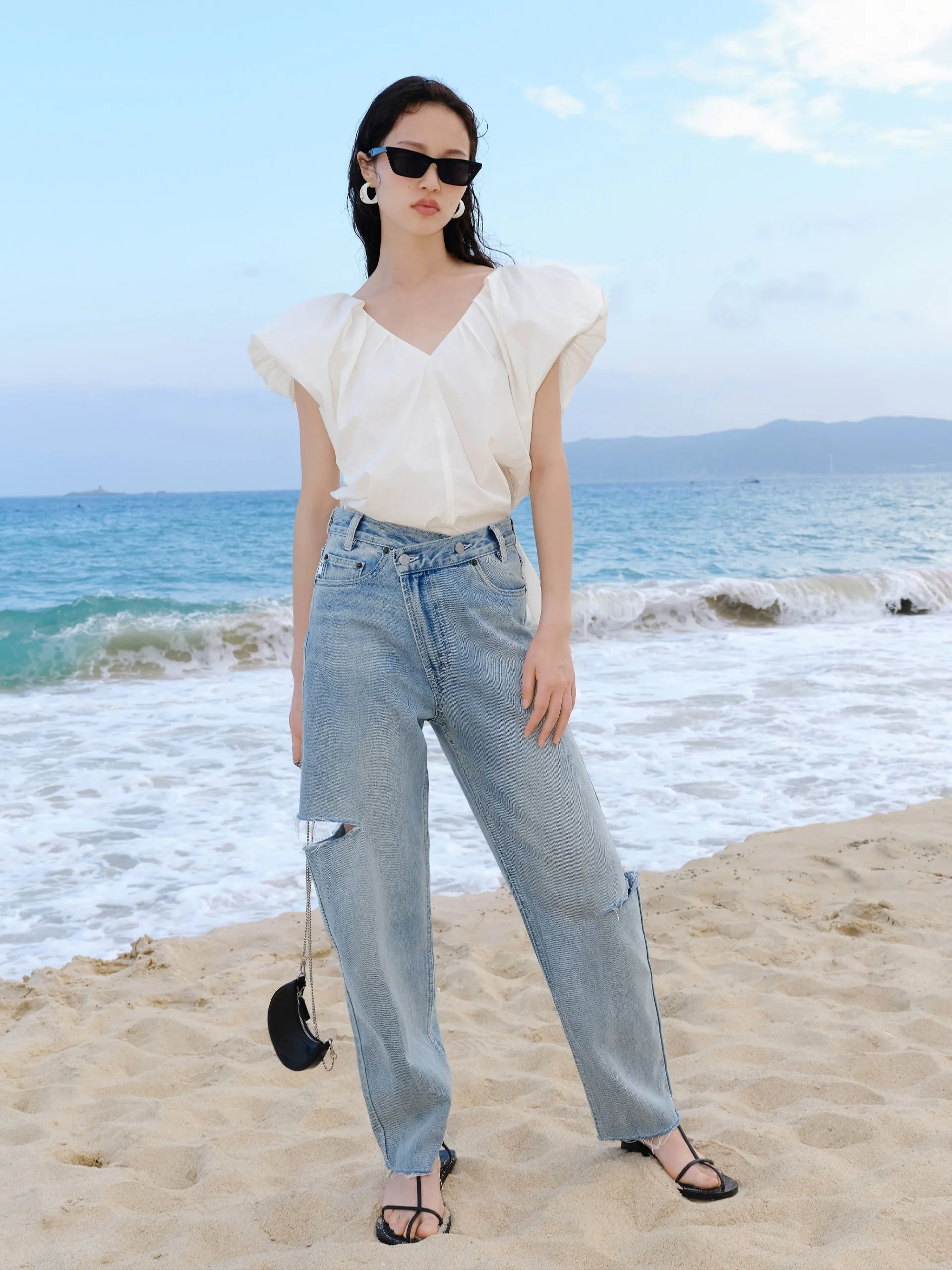 Pleated V-Neck Top with Cut-out sold by Mo&Co product image thumbnail 3