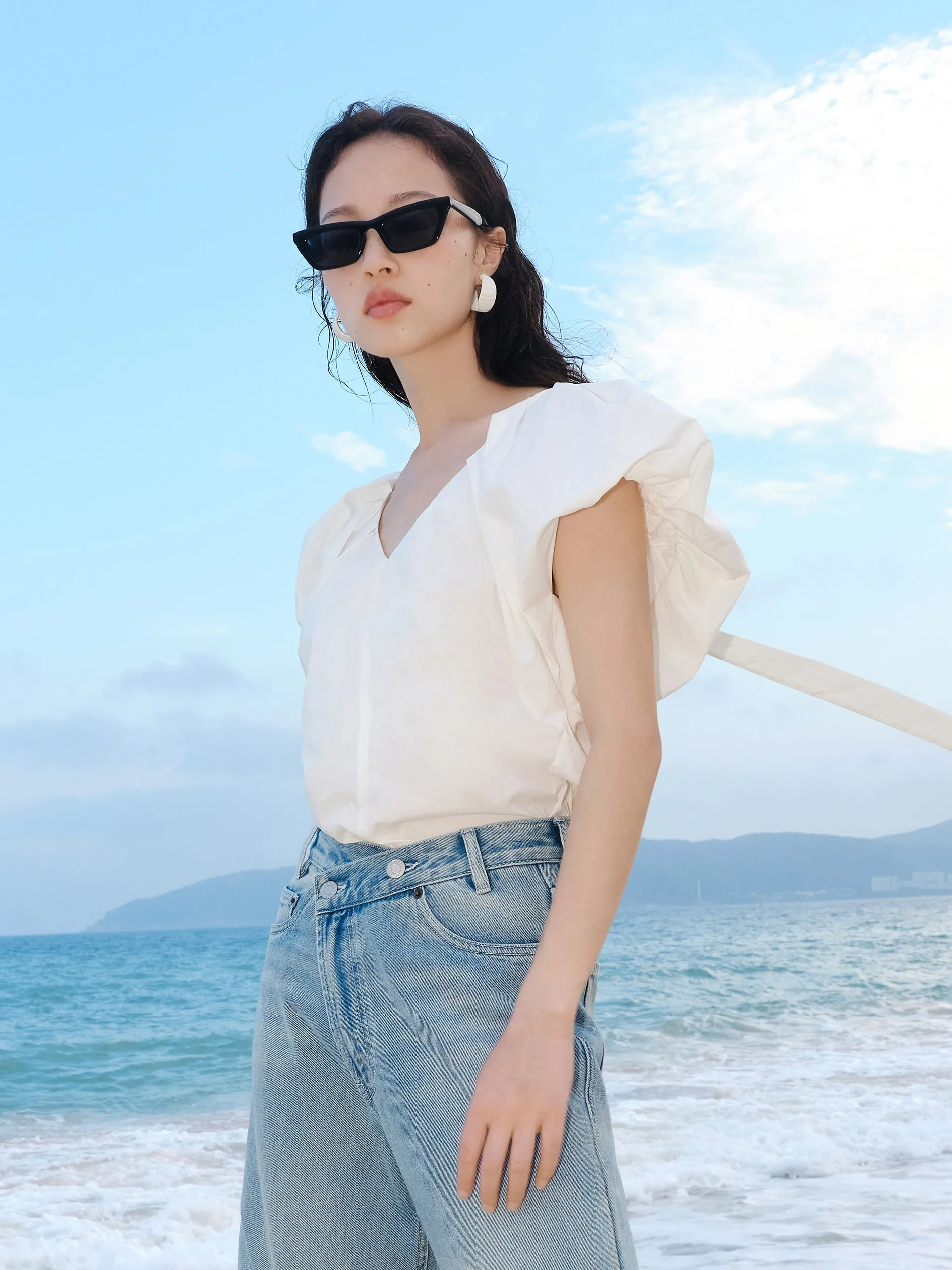 Pleated V-Neck Top with Cut-out sold by Mo&Co product image thumbnail 5