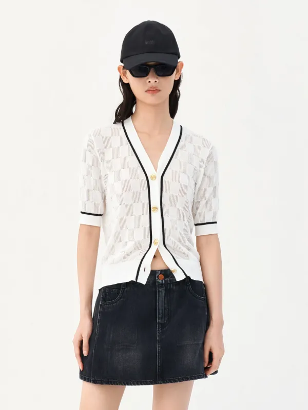 Checked Contrast Knit Cardigan sold by Mo&Co